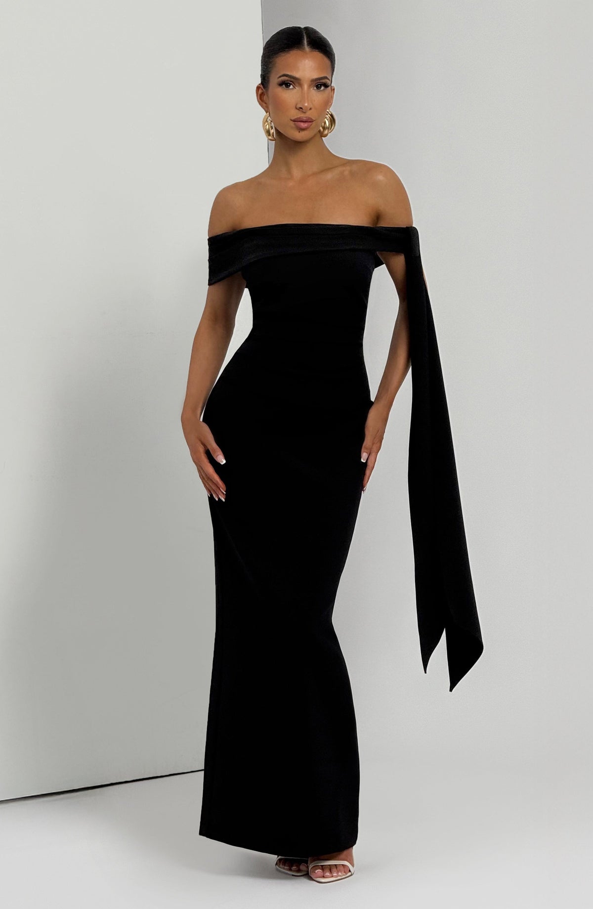 Off shoulder maxi dress with bardot neckline, draped scarf tie and ruched waist - view 6