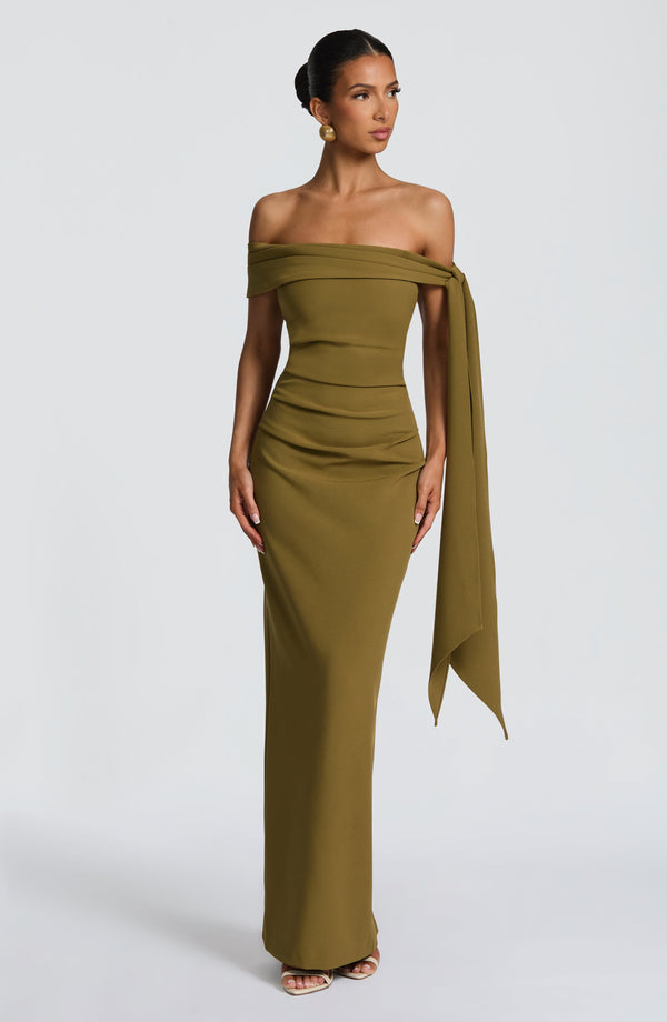 Off shoulder maxi dress with bardot neckline, draped scarf tie and ruched waist - view 7