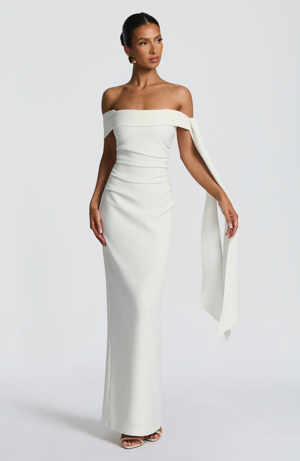 Off shoulder maxi dress with bardot neckline, draped scarf tie and ruched waist - view 8