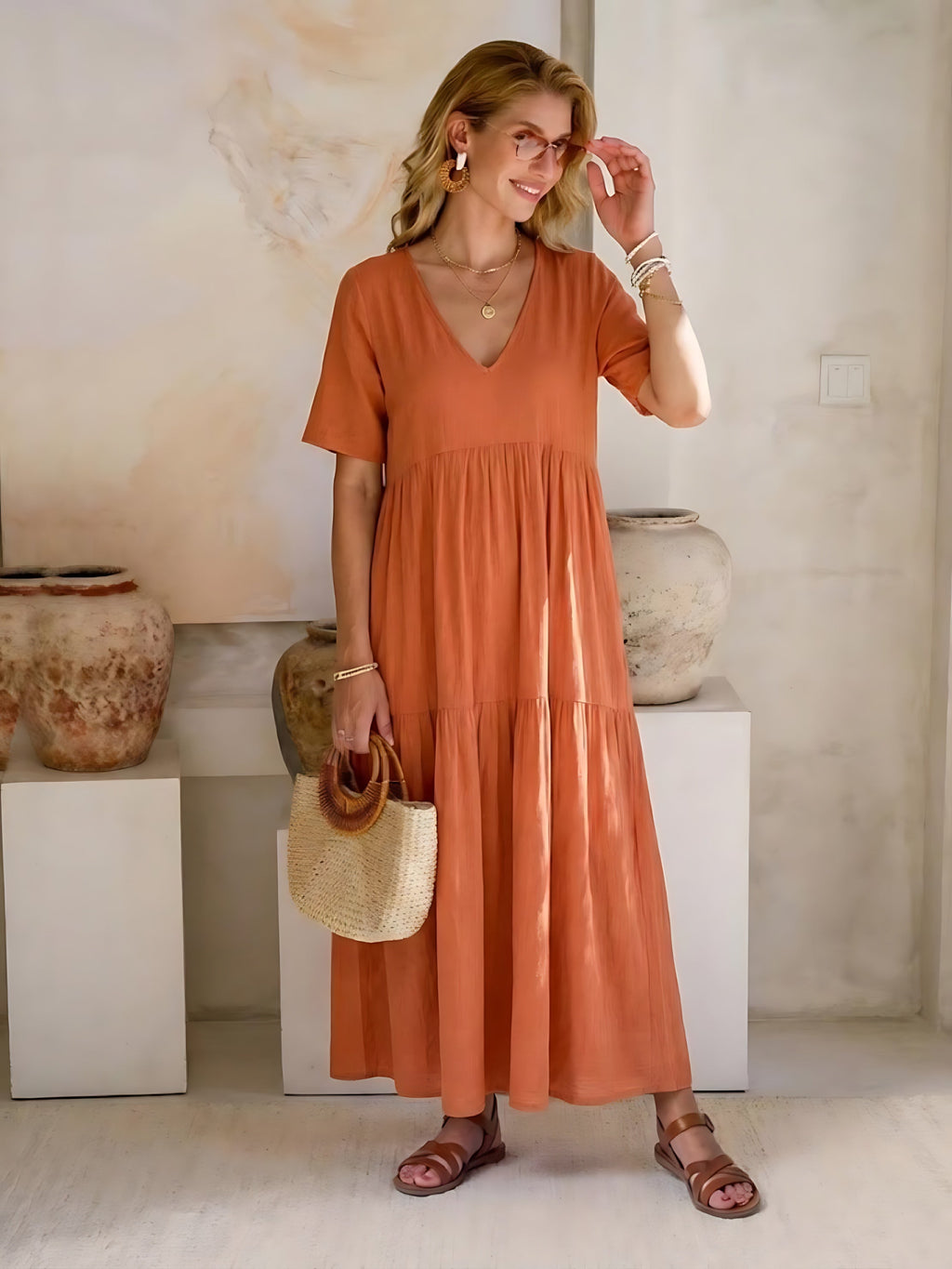 Woman wearing a V-neck tiered maxi dress with short sleeves - view 20
