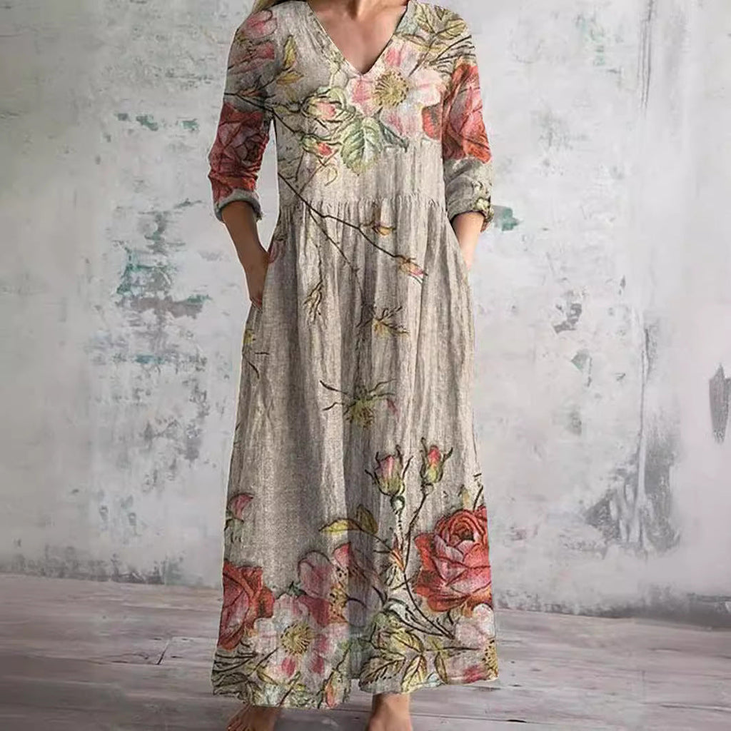 Floral print linen dress with V-neck, three-quarter sleeves and relaxed A-line maxi skirt