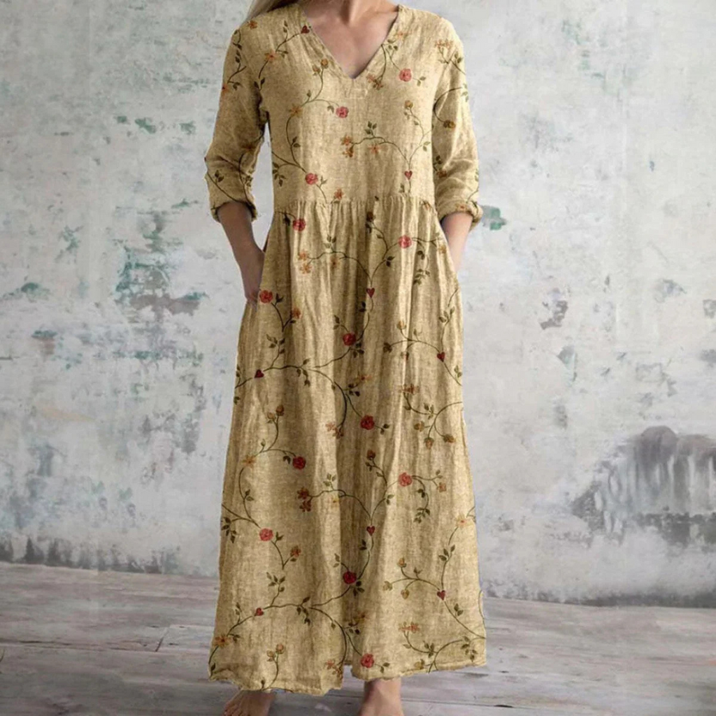 Floral print linen dress with V-neck, three-quarter sleeves and relaxed A-line maxi skirt - view 2