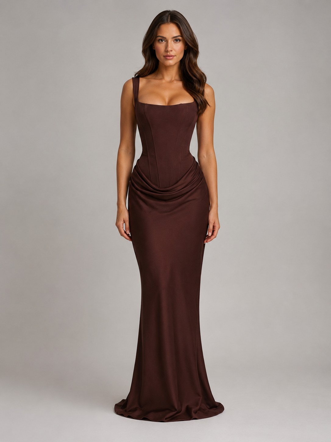 Square neck corset dress in a floor-length bodycon maxi silhouette with draped waist and lace-up back
