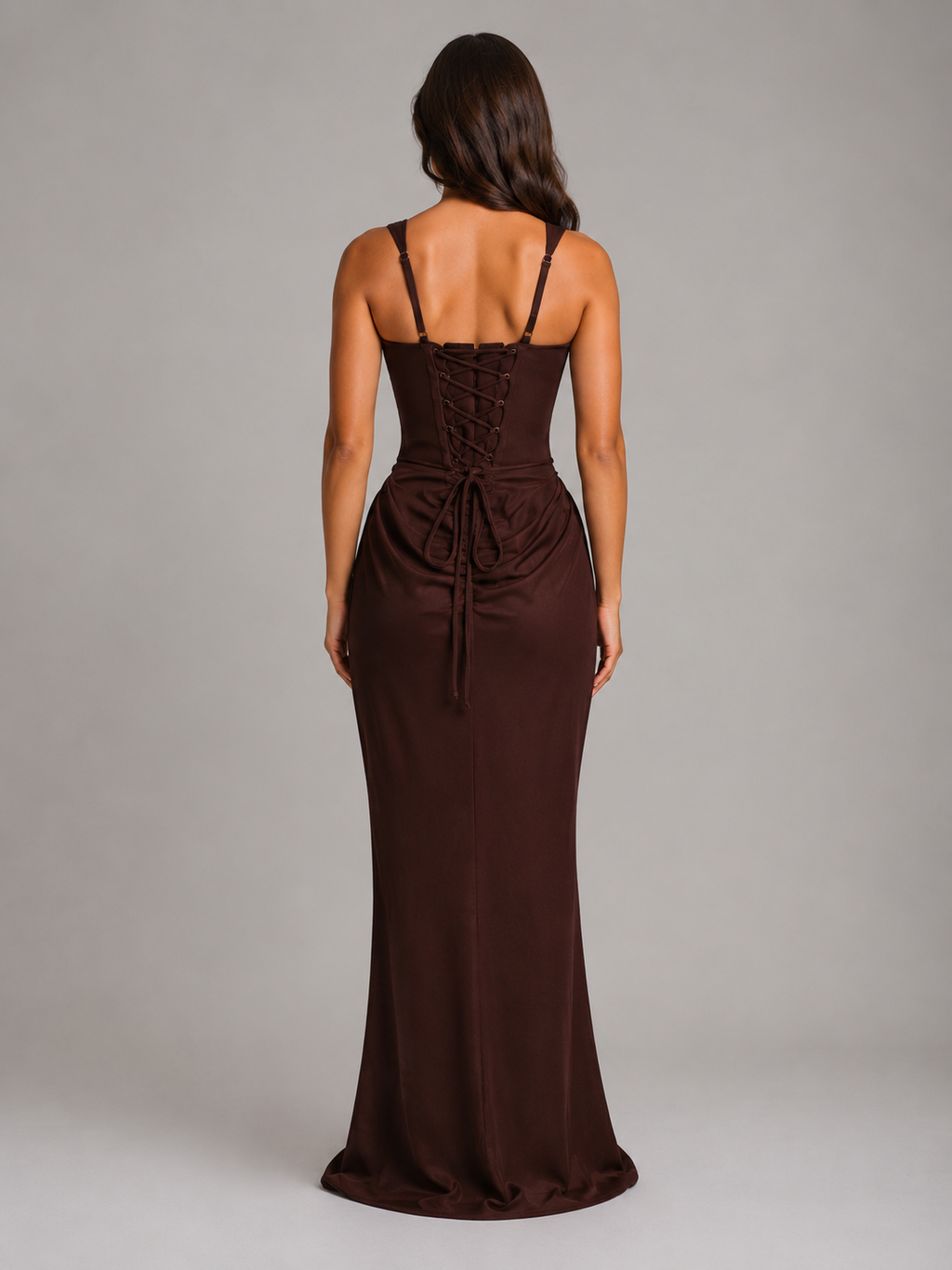 Square neck corset dress in a floor-length bodycon maxi silhouette with draped waist and lace-up back - view 2