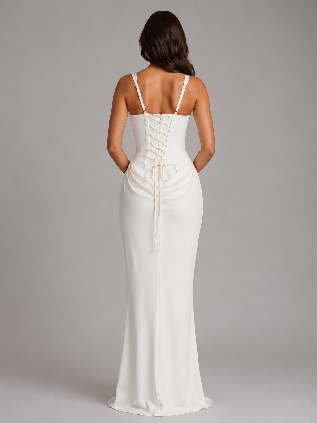 Square neck corset dress in a floor-length bodycon maxi silhouette with draped waist and lace-up back - view 5