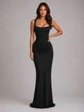 Square neck corset dress in a floor-length bodycon maxi silhouette with draped waist and lace-up back - view 6