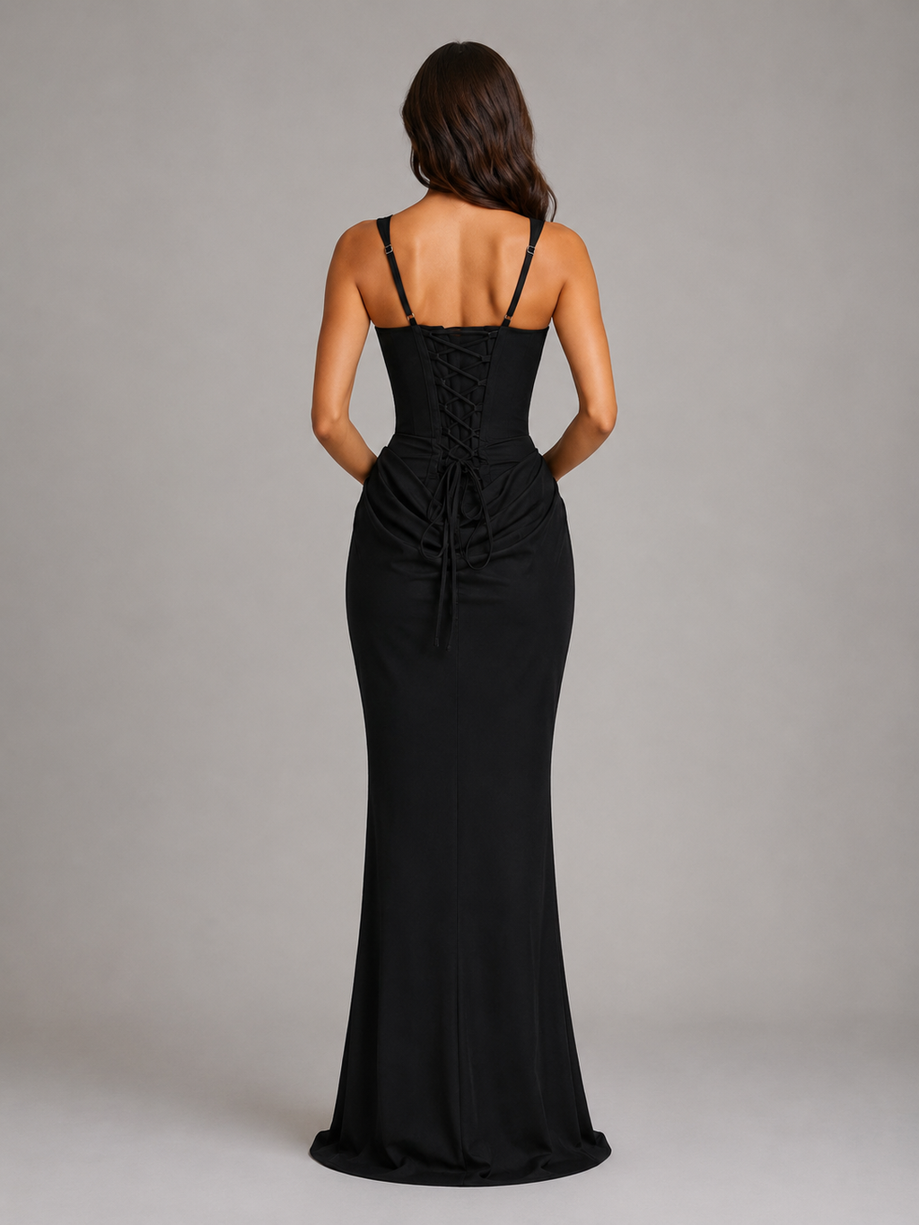 Square neck corset dress in a floor-length bodycon maxi silhouette with draped waist and lace-up back - view 7
