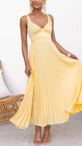Yellow pleated V-neck maxi dress with open strappy back