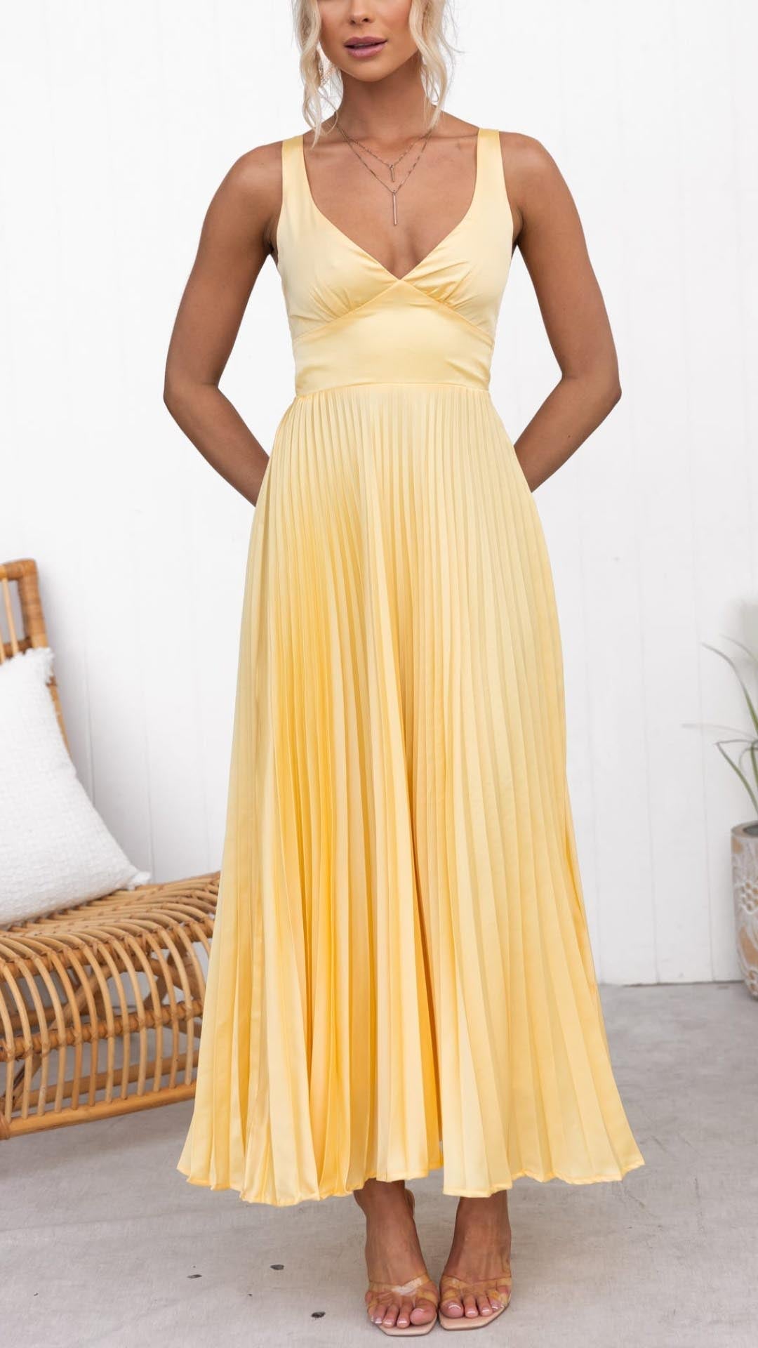 Yellow pleated V-neck maxi dress with open strappy back - view 2