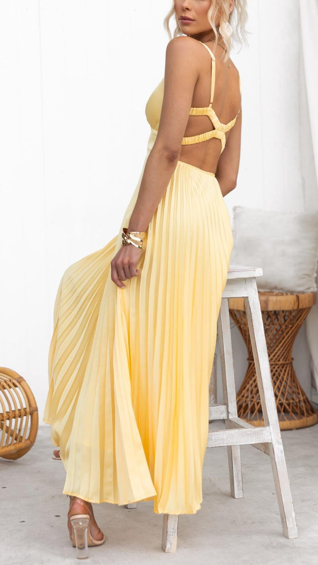 Yellow pleated V-neck maxi dress with open strappy back - view 4
