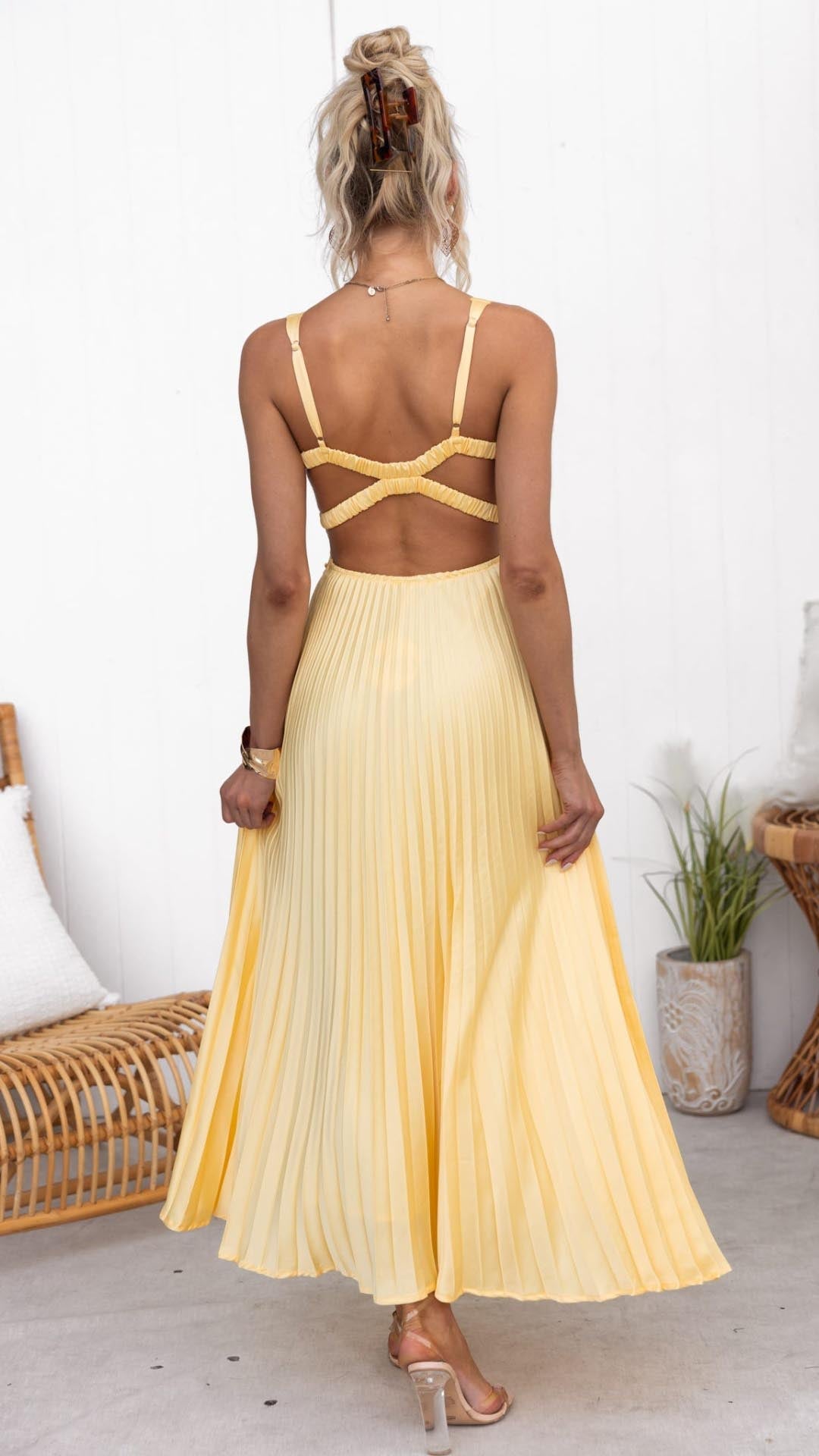 Yellow pleated V-neck maxi dress with open strappy back - view 5