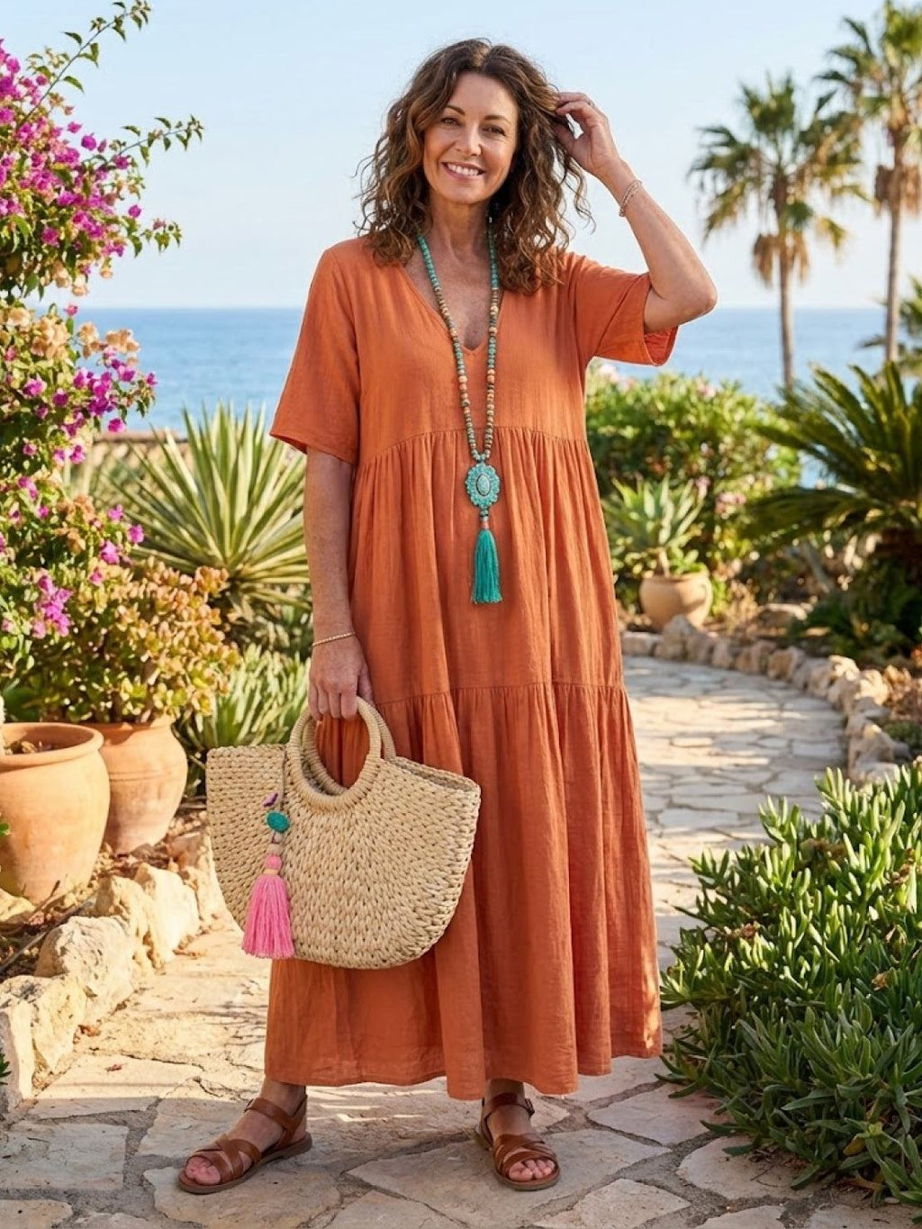 Woman wearing a tiered V-neck maxi dress with short sleeves - view 10