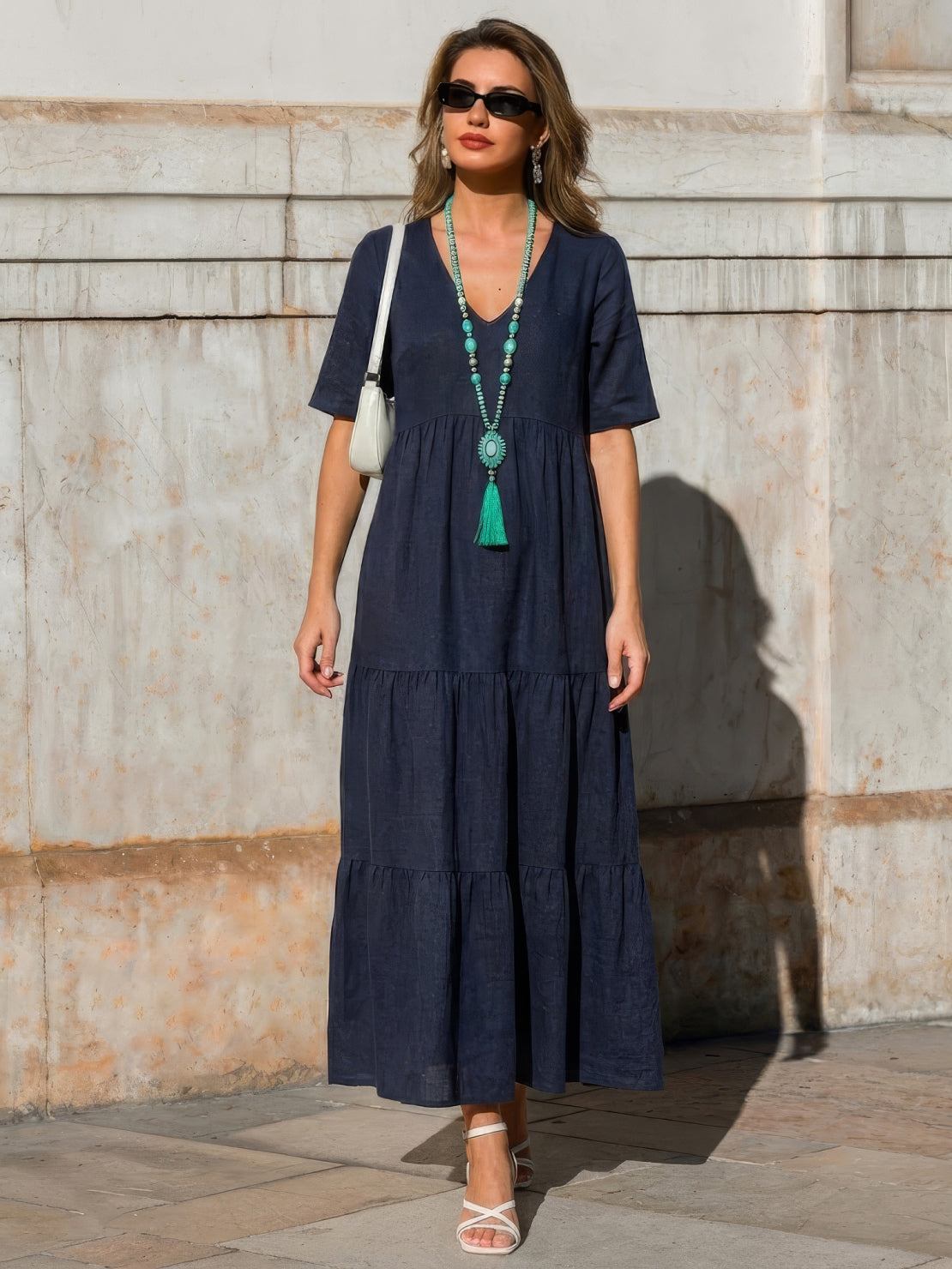 Woman wearing a tiered V-neck maxi dress with short sleeves - view 25
