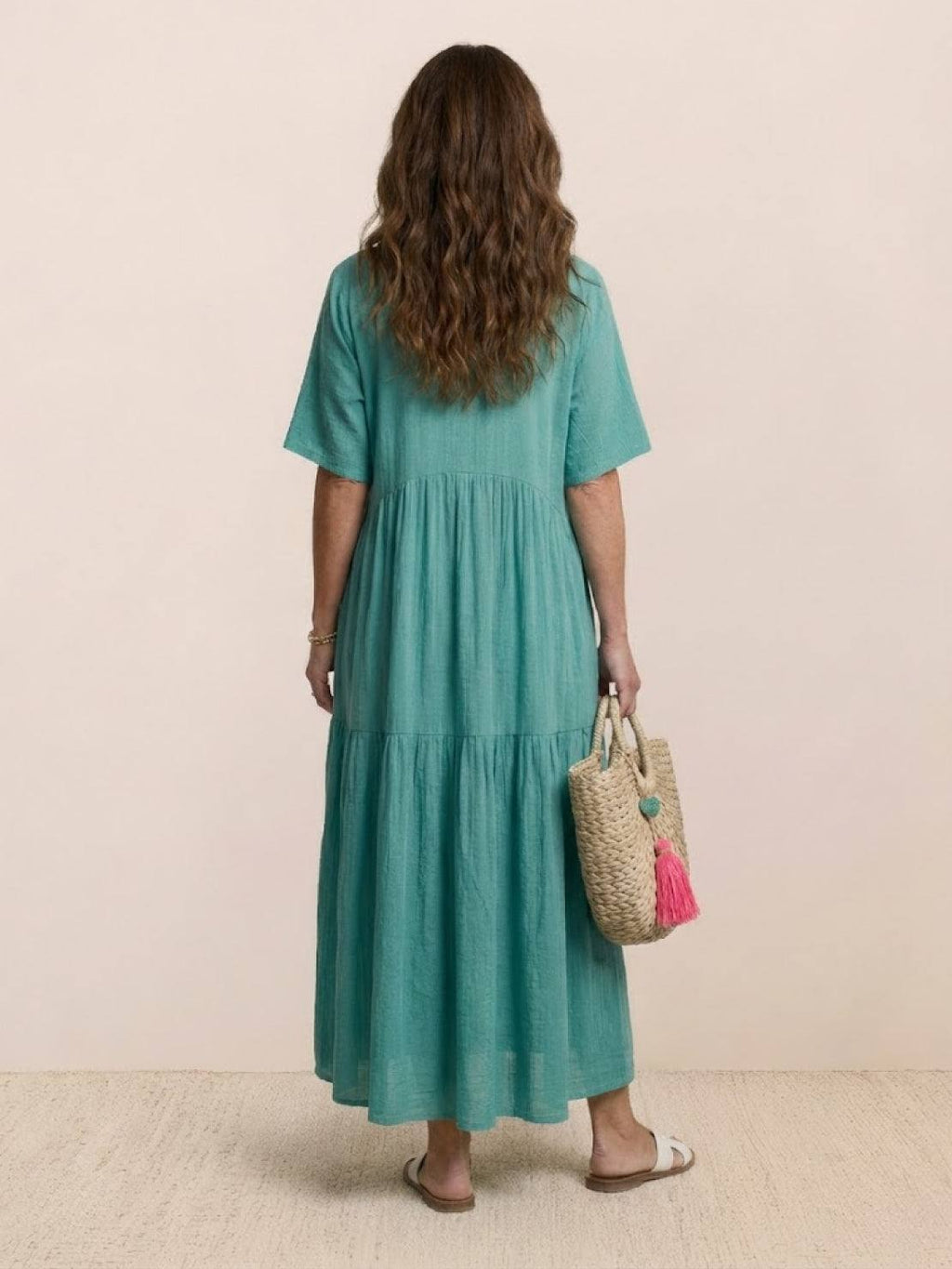 Woman wearing a tiered V-neck maxi dress with short sleeves - view 35