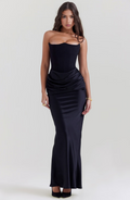Strapless corset formal maxi dress with draped satin skirt