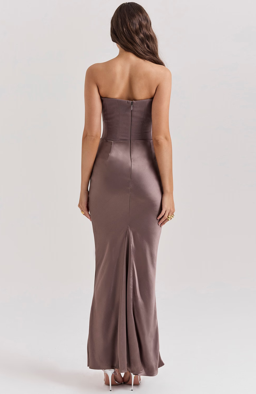 Strapless corset formal maxi dress with draped satin skirt - view 11