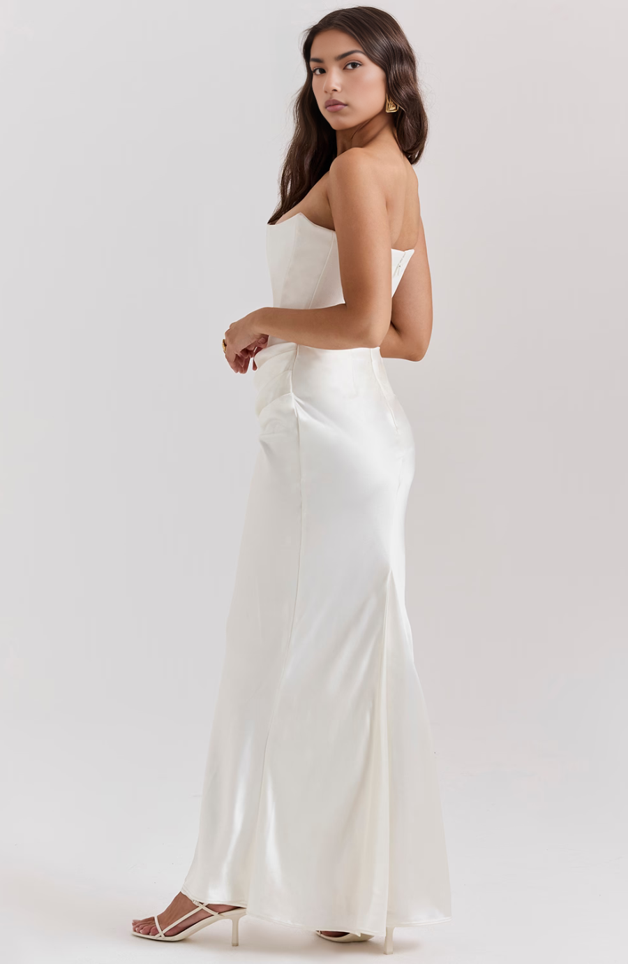 Strapless corset formal maxi dress with draped satin skirt - view 12