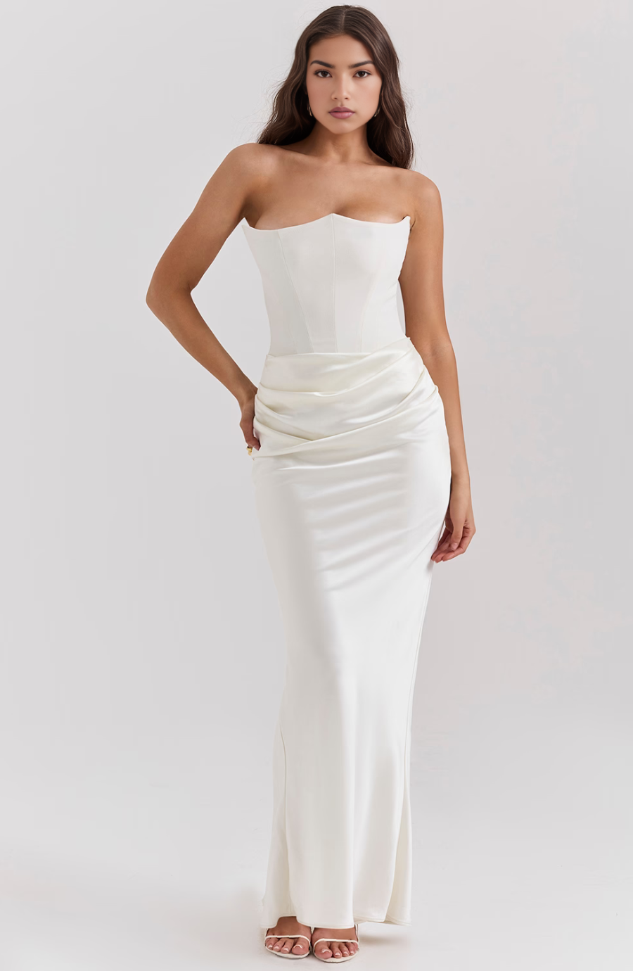 Strapless corset formal maxi dress with draped satin skirt - view 15