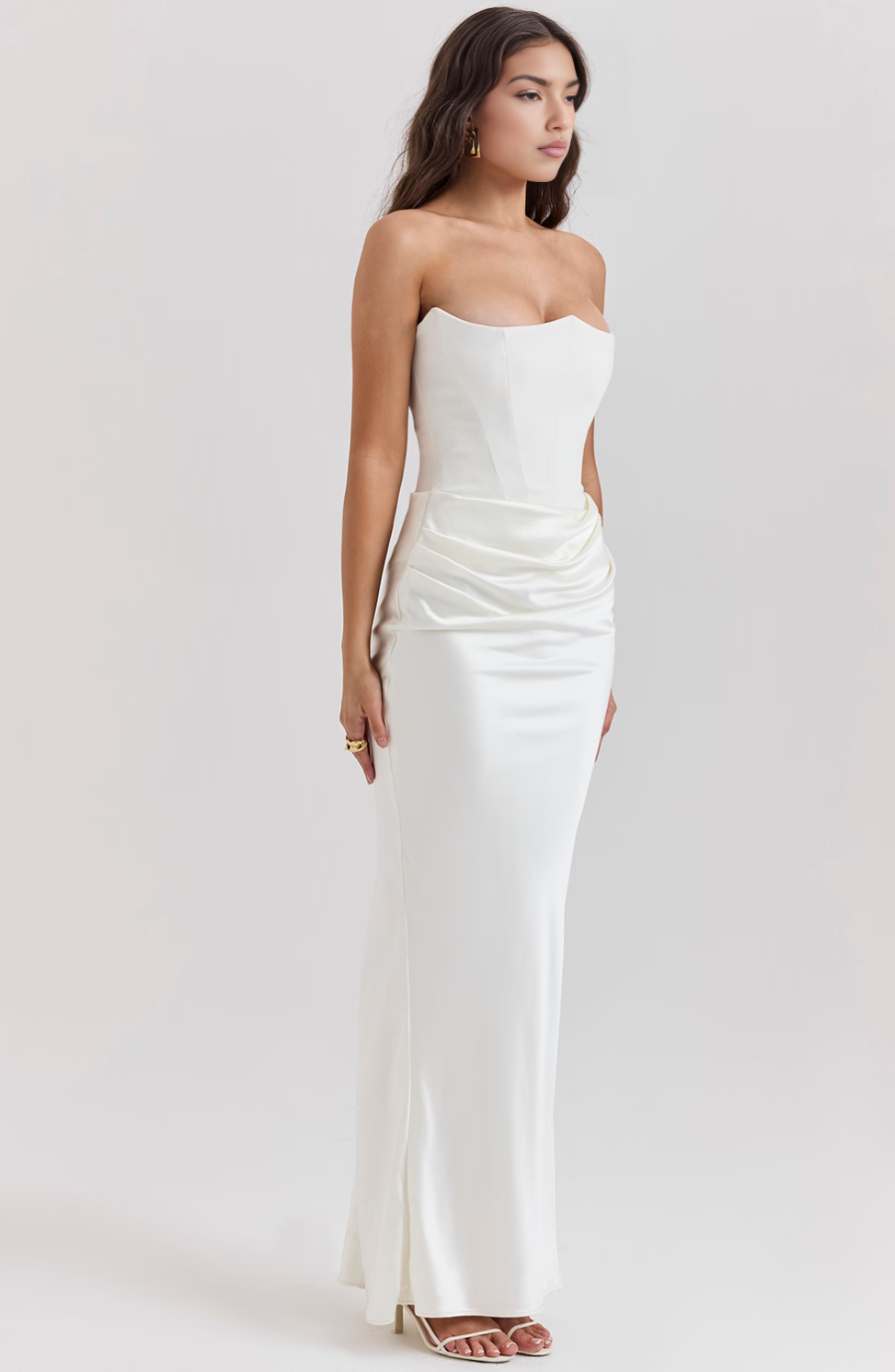 Strapless corset formal maxi dress with draped satin skirt - view 17