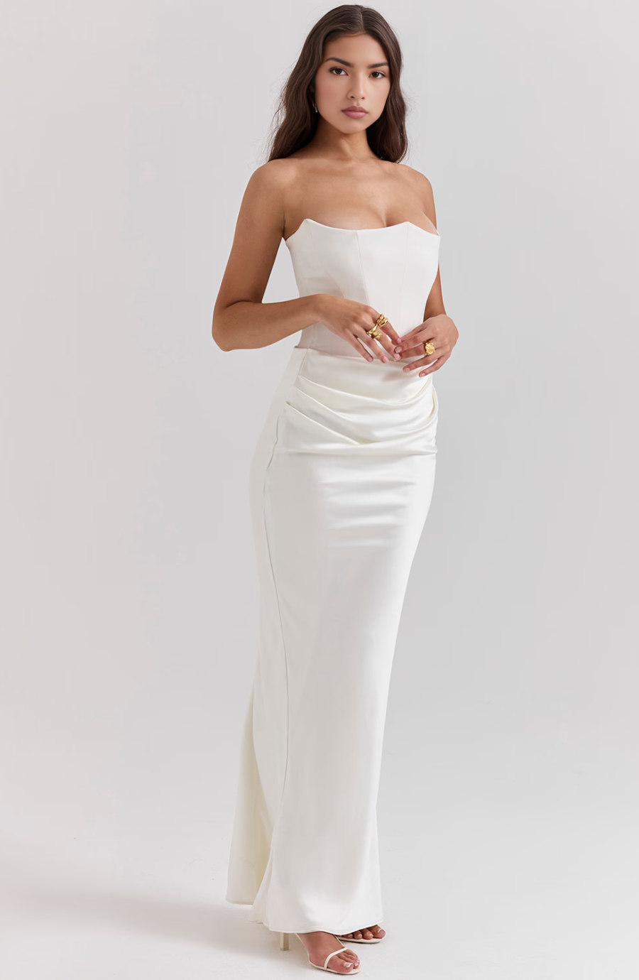 Strapless corset formal maxi dress with draped satin skirt - view 18