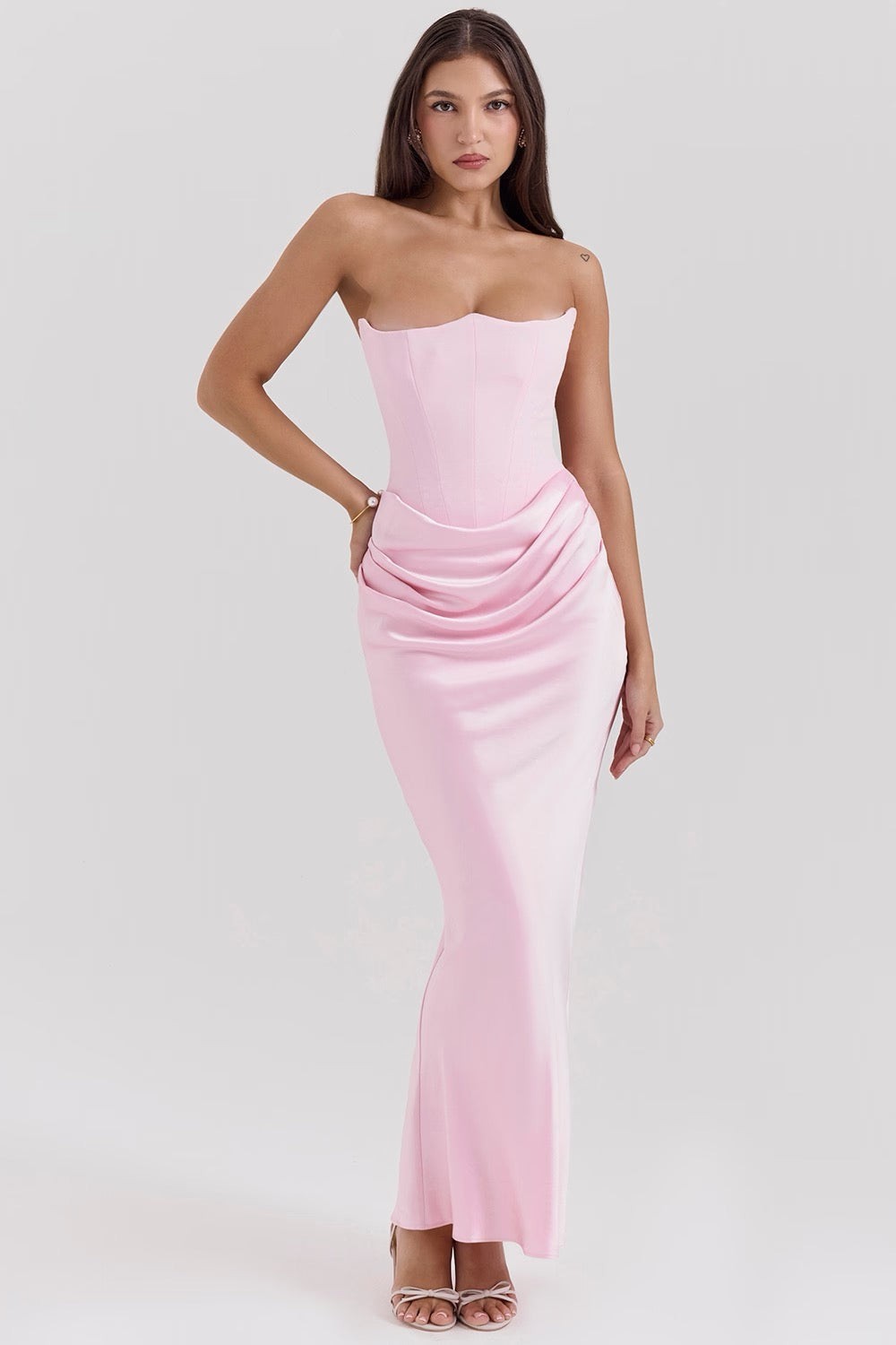 Strapless corset formal maxi dress with draped satin skirt - view 19