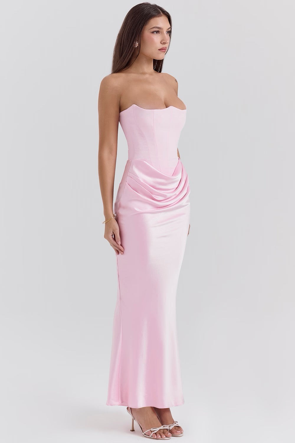 Strapless corset formal maxi dress with draped satin skirt - view 20