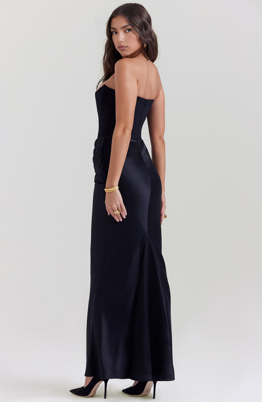 Strapless corset formal maxi dress with draped satin skirt - view 23
