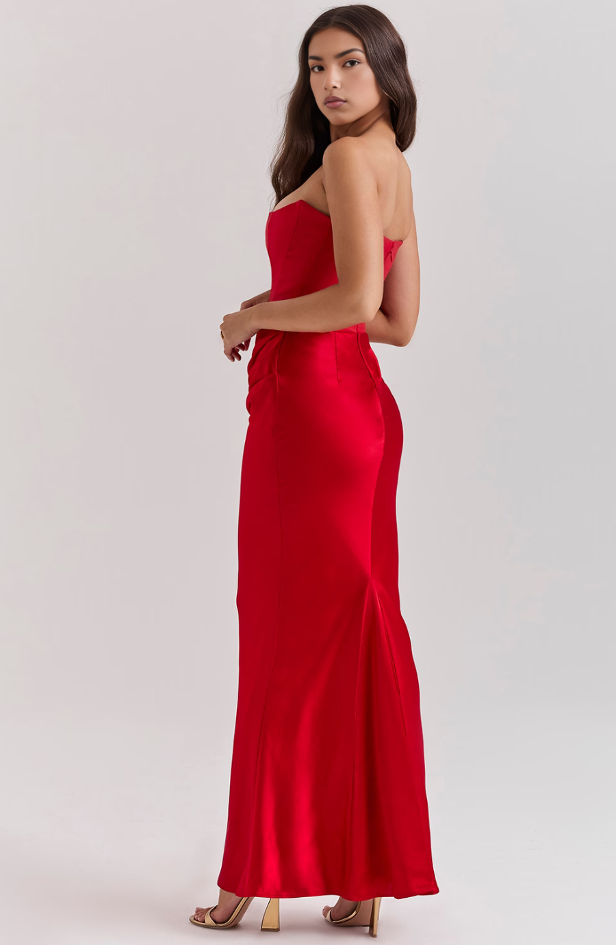 Strapless corset formal maxi dress with draped satin skirt - view 28