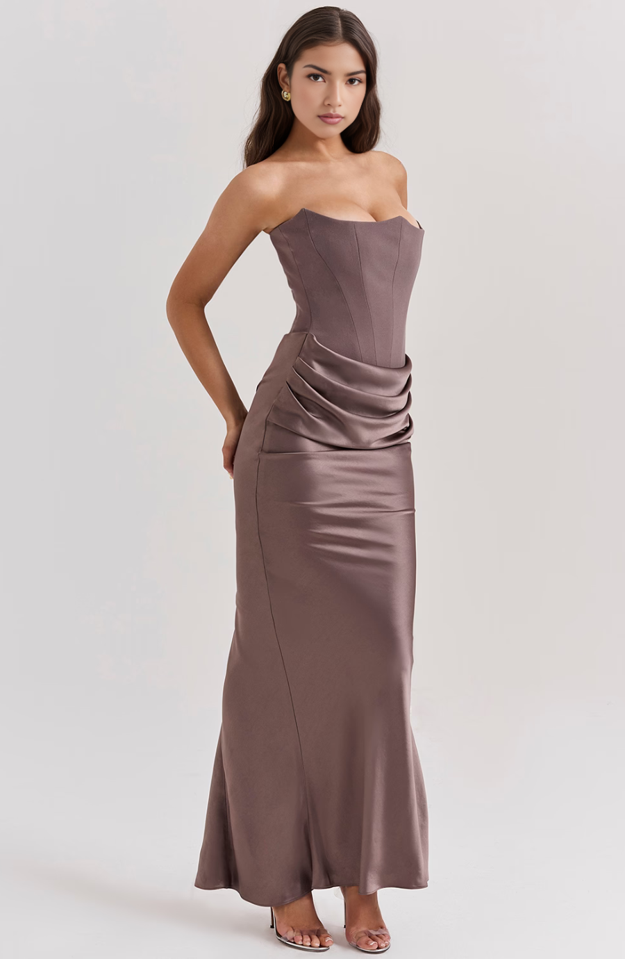 Strapless corset formal maxi dress with draped satin skirt - view 9