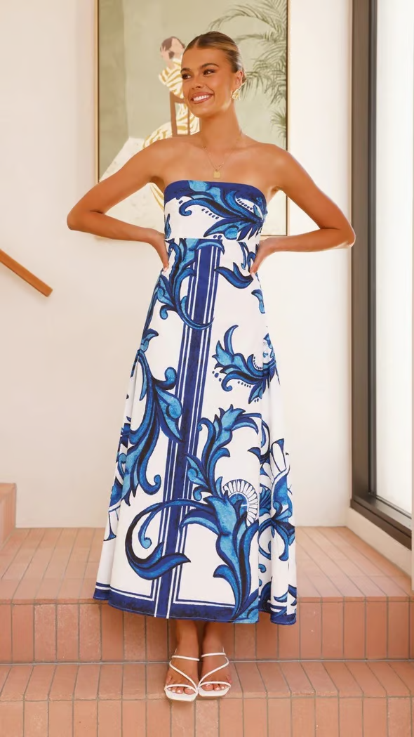 Strapless blue and white scroll print maxi dress with A-line skirt