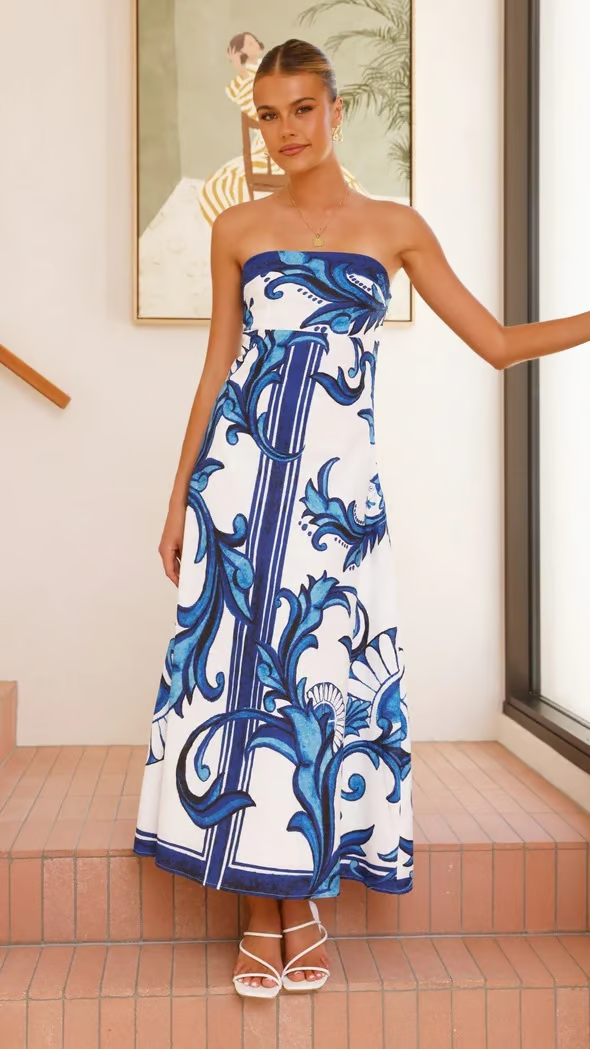 Strapless blue and white scroll print maxi dress with A-line skirt - view 2