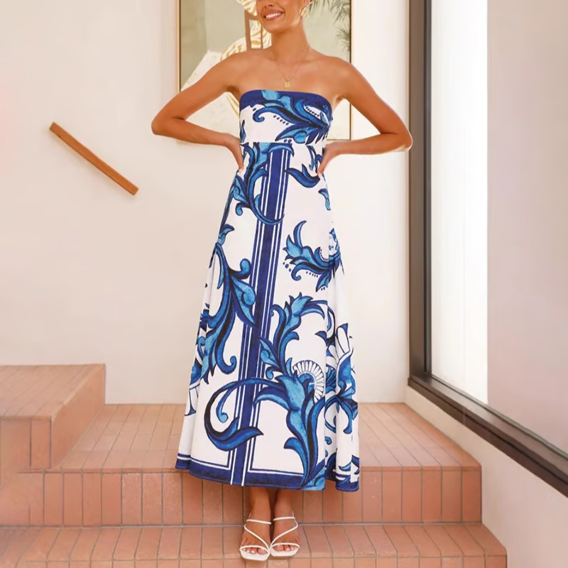 Strapless blue and white scroll print maxi dress with A-line skirt - view 4