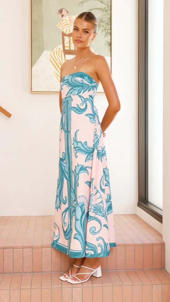 Strapless blue and white scroll print maxi dress with A-line skirt - view 6
