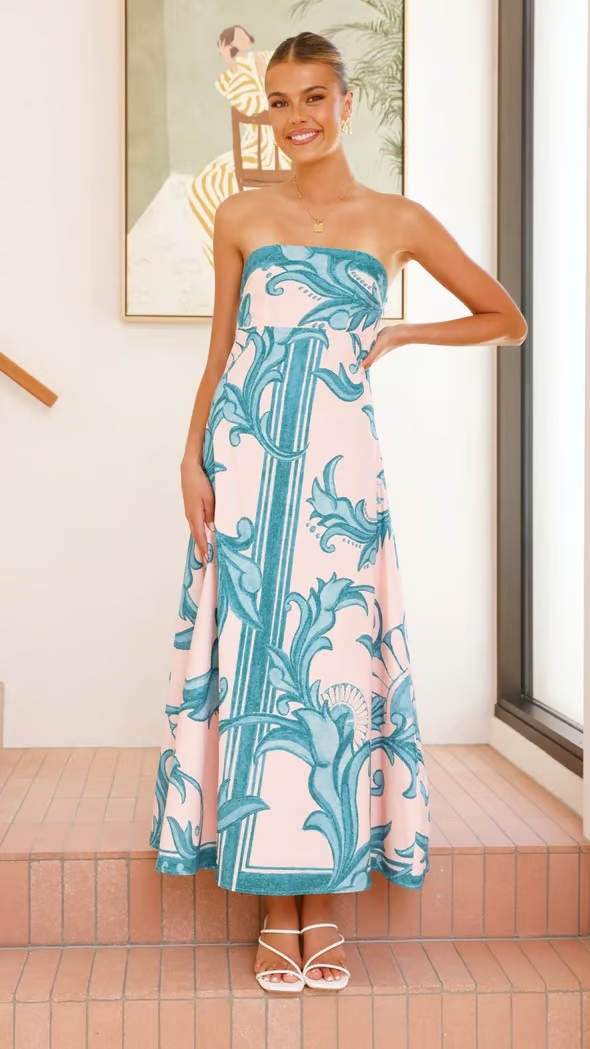 Strapless blue and white scroll print maxi dress with A-line skirt - view 7