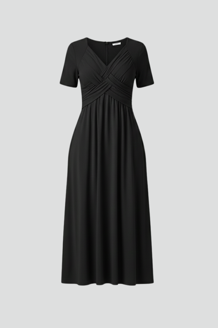 Kirra short sleeve midi dress with ruched crossover V-neck bodice and side pockets
