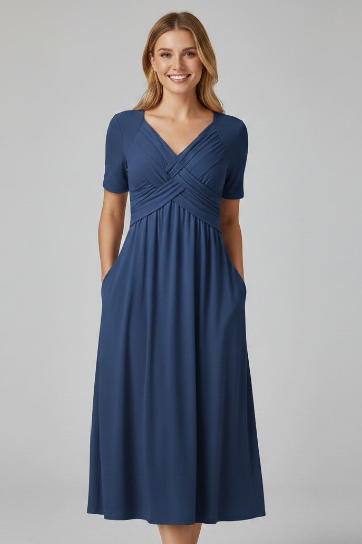 Kirra short sleeve midi dress with ruched crossover V-neck bodice and side pockets - view 10