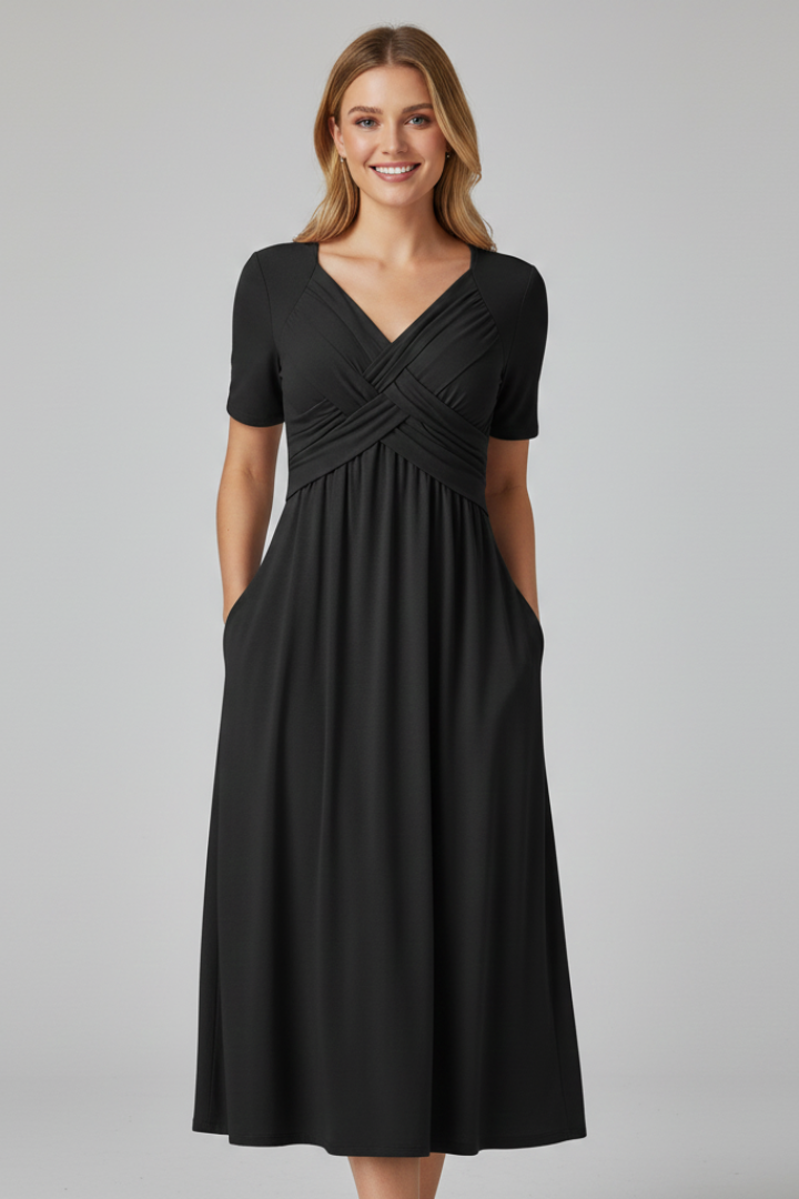 Kirra short sleeve midi dress with ruched crossover V-neck bodice and side pockets - view 2