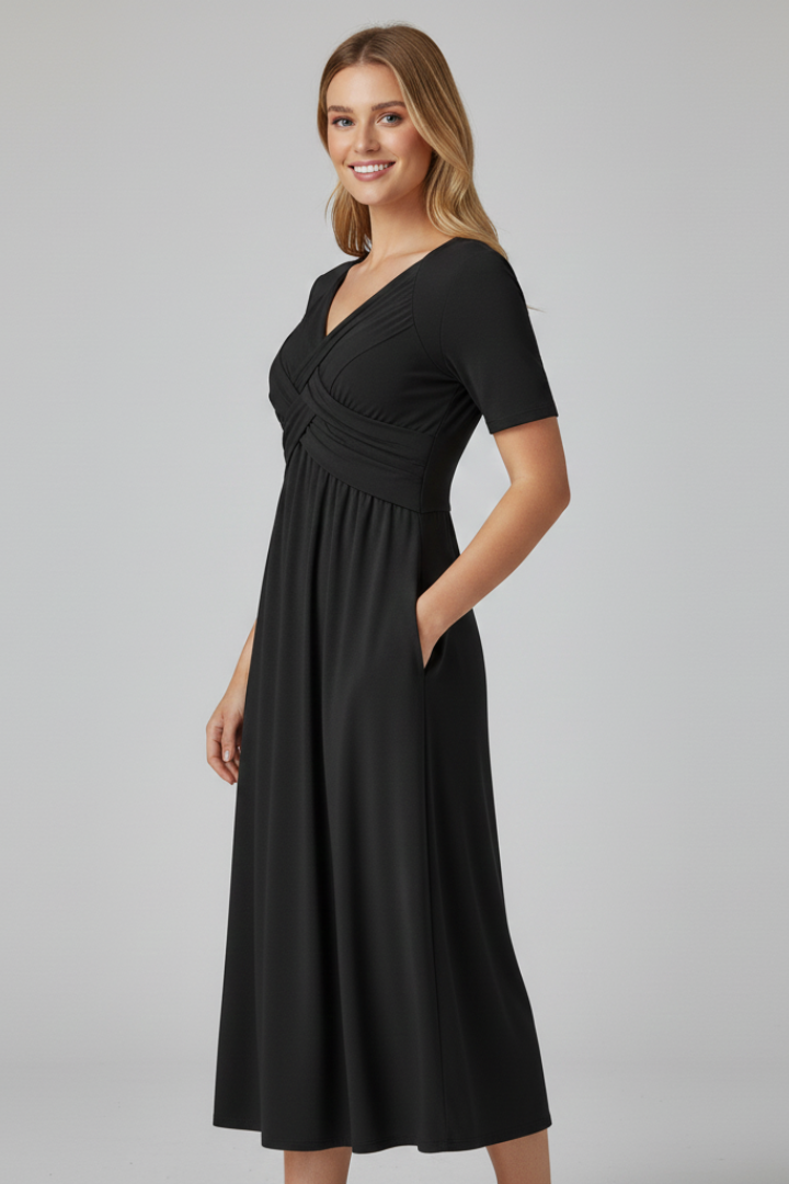 Kirra short sleeve midi dress with ruched crossover V-neck bodice and side pockets - view 3