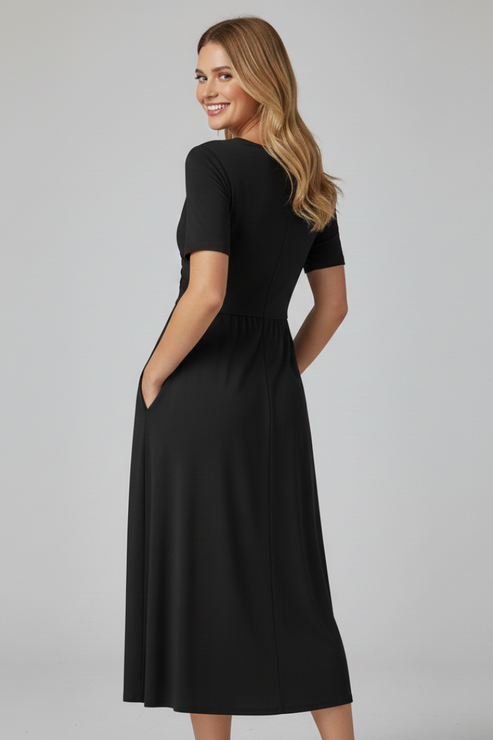 Kirra short sleeve midi dress with ruched crossover V-neck bodice and side pockets - view 4