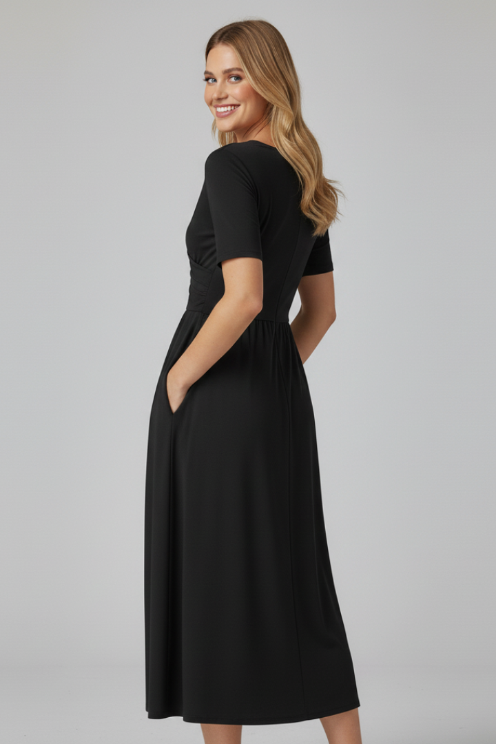 Kirra short sleeve midi dress with ruched crossover V-neck bodice and side pockets - view 5