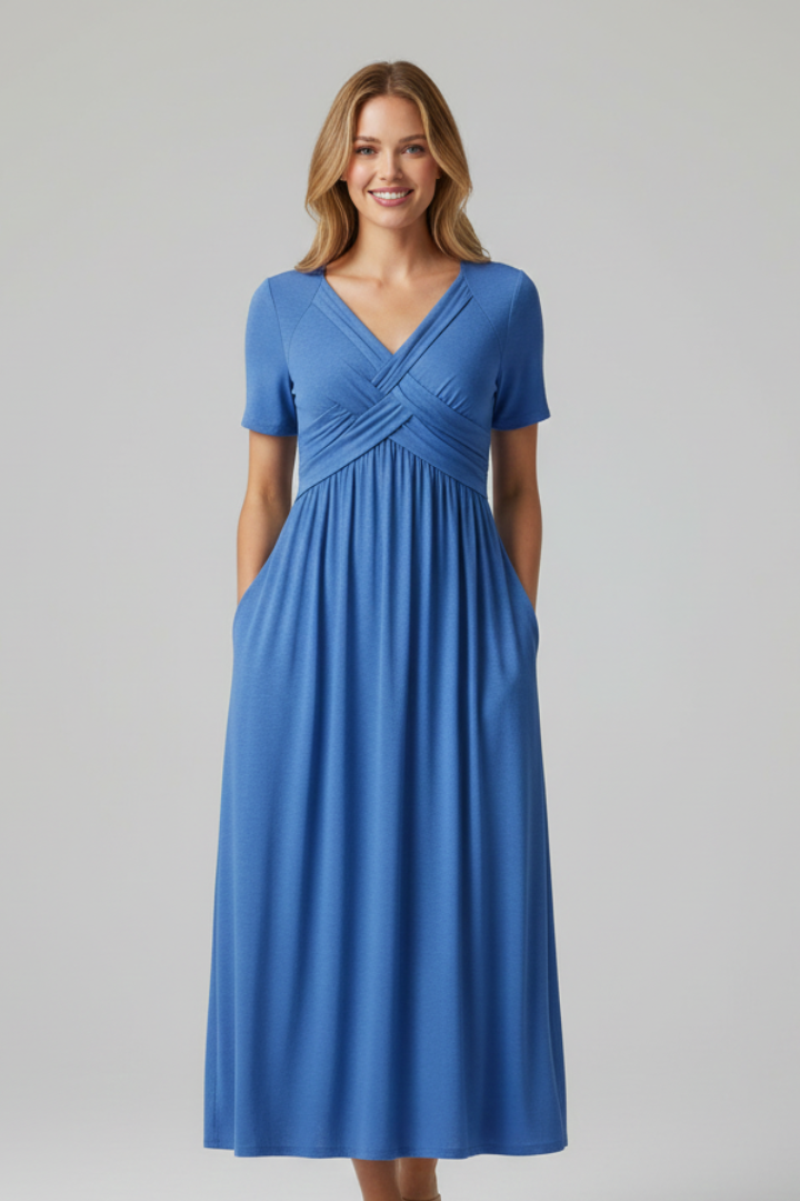 Kirra short sleeve midi dress with ruched crossover V-neck bodice and side pockets - view 6