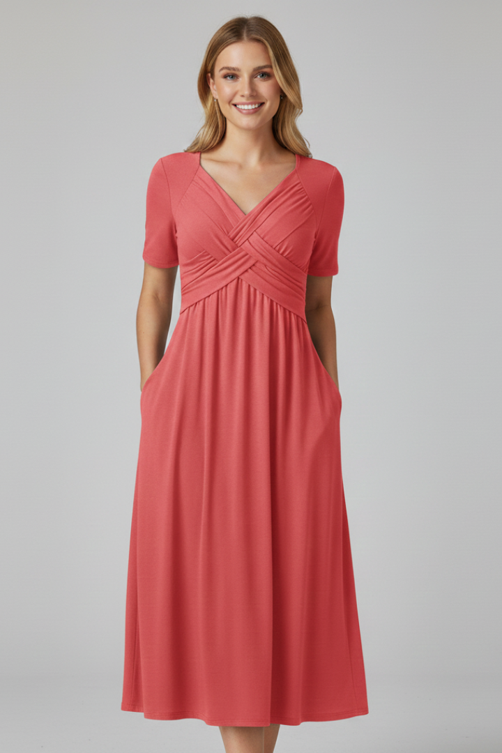 Kirra short sleeve midi dress with ruched crossover V-neck bodice and side pockets - view 9