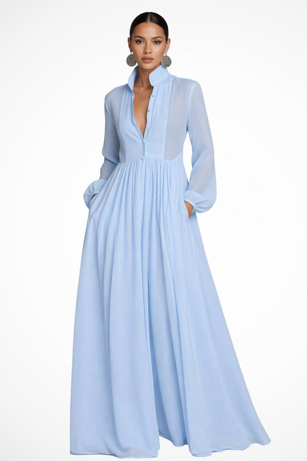 Chiffon long sleeve maxi dress with stand collar, button front and pleated floor-length skirt