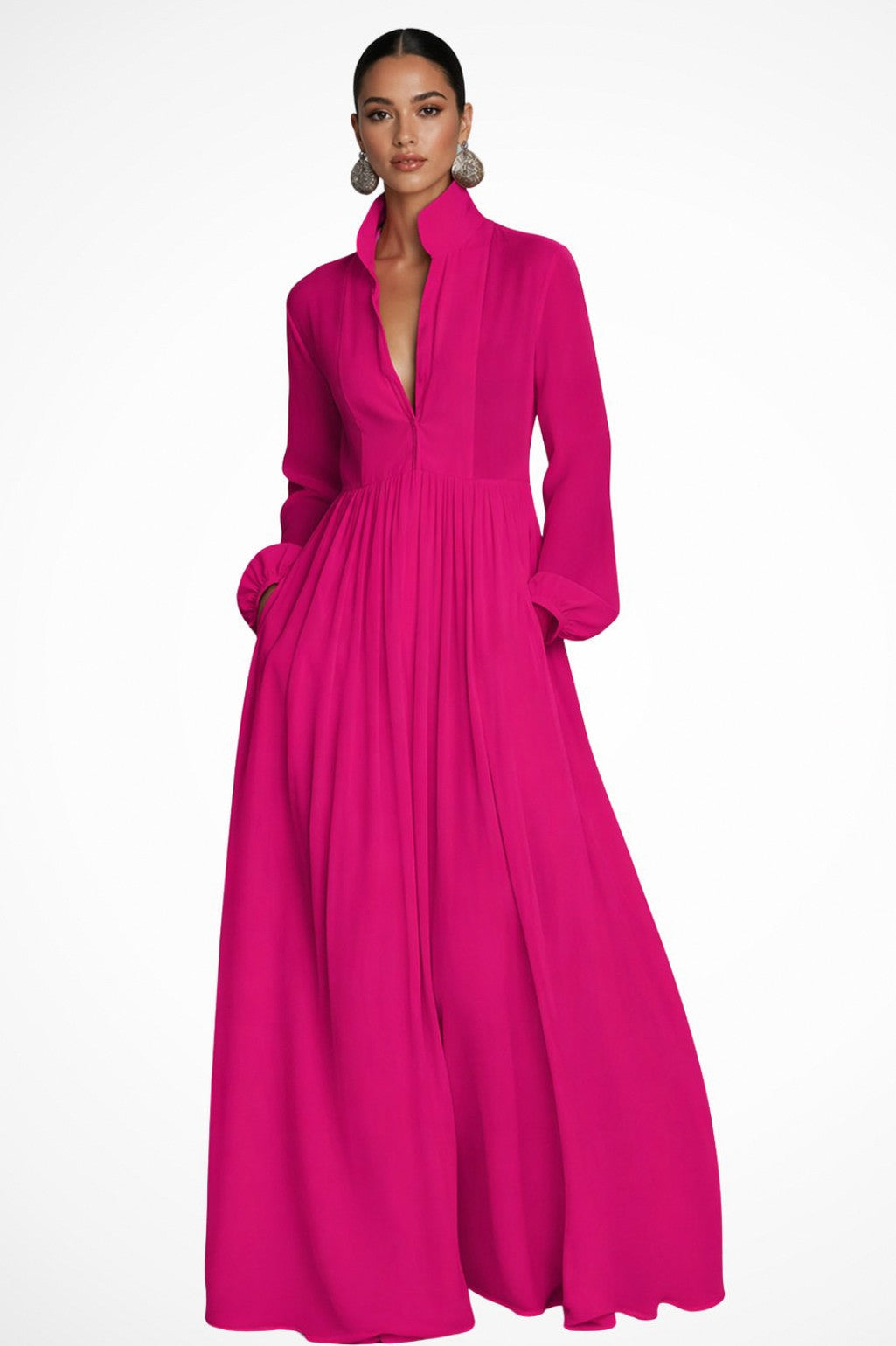 Chiffon long sleeve maxi dress with stand collar, button front and pleated floor-length skirt - view 2