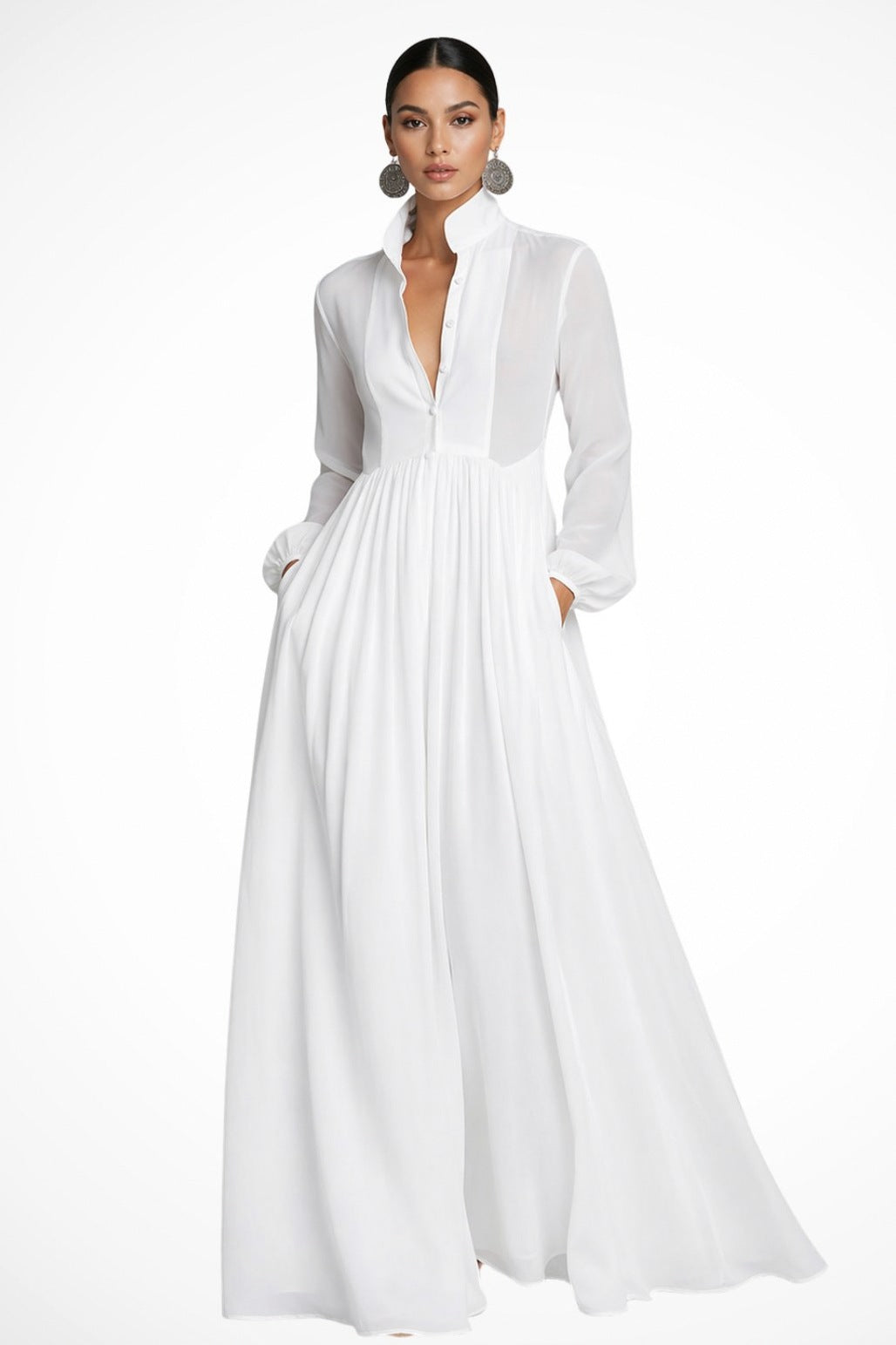 Chiffon long sleeve maxi dress with stand collar, button front and pleated floor-length skirt - view 3