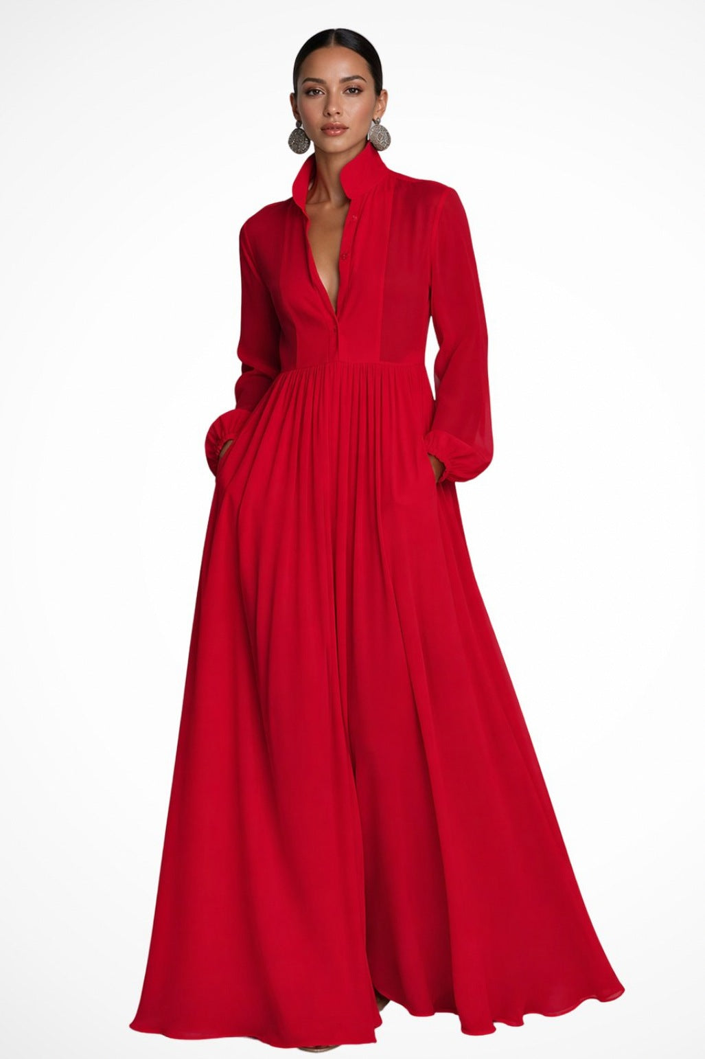 Chiffon long sleeve maxi dress with stand collar, button front and pleated floor-length skirt - view 4
