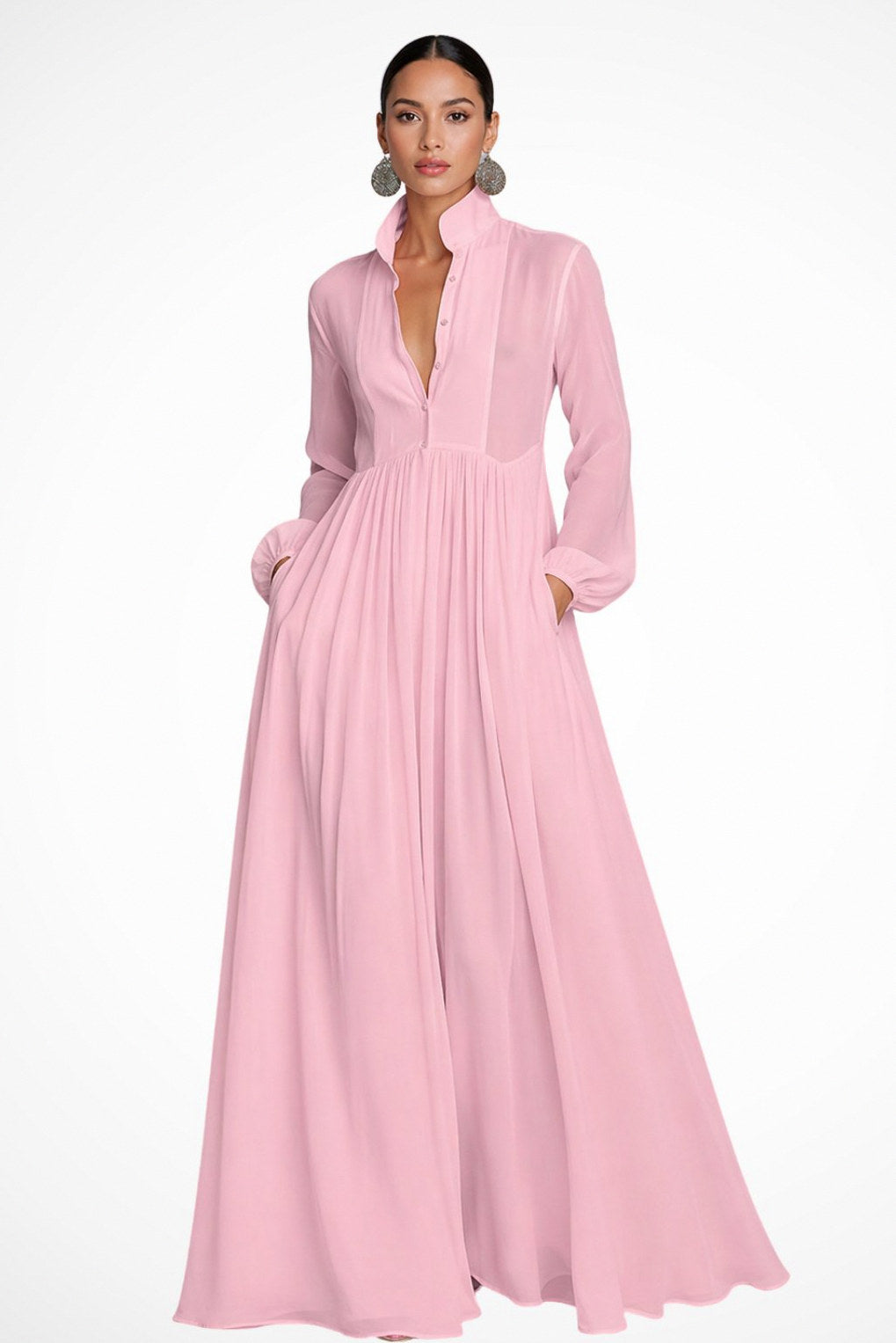 Chiffon long sleeve maxi dress with stand collar, button front and pleated floor-length skirt - view 5