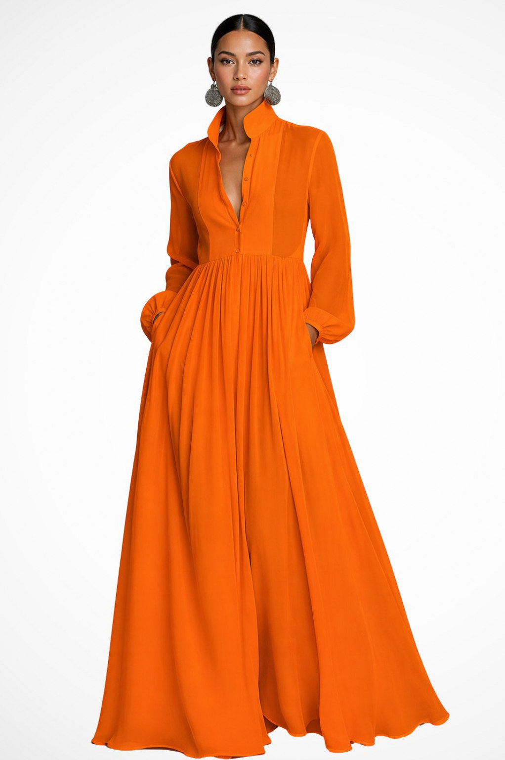 Chiffon long sleeve maxi dress with stand collar, button front and pleated floor-length skirt - view 6