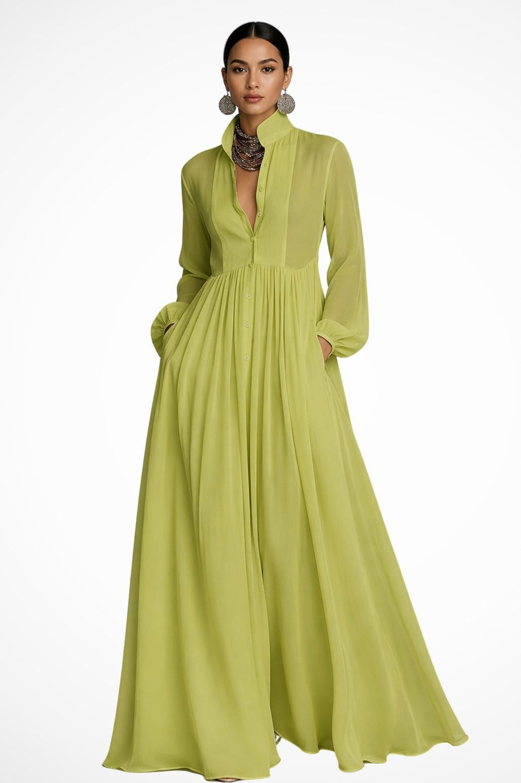Chiffon long sleeve maxi dress with stand collar, button front and pleated floor-length skirt - view 7