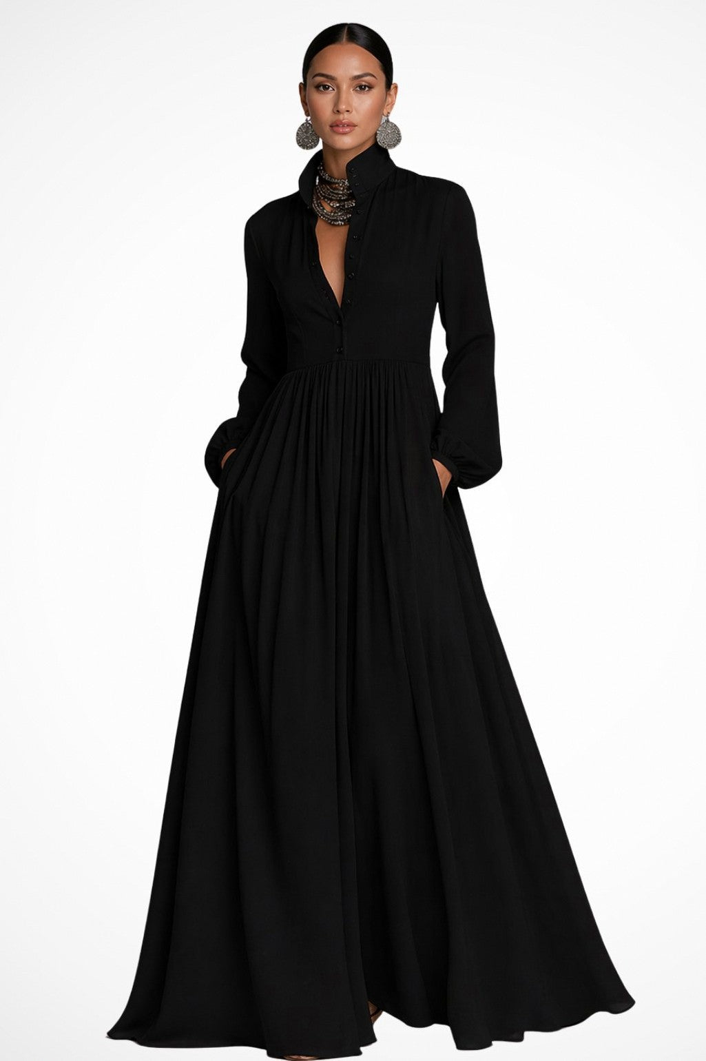 Chiffon long sleeve maxi dress with stand collar, button front and pleated floor-length skirt - view 8